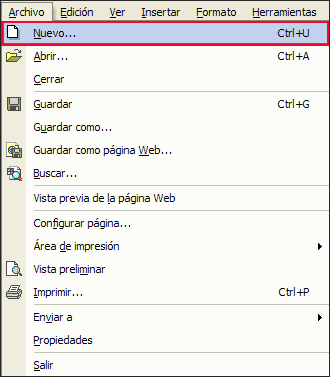 Captura de la opción “Nuevo” del menú ”Archivo”