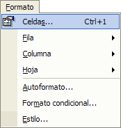 Captura de la opción &rdquo;Celdas&rdquo; del menú &rdquo;Formato&rdquo;