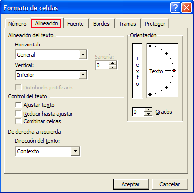 Captura pestaña &ldquo;Alineación&rdquo; de la ventana &rdquo;Formato de celdas&rdquo;