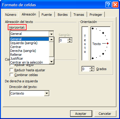 Captura cuadro de diálogo &rdquo;Aliniación del texto&rdquo; del apartado &rdquo;Horizontal&rdquo;