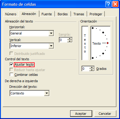 Captura de la opción &ldquo;Ajustar texto&rdquo; del apartado &rdquo;Control del texto&rdquo;