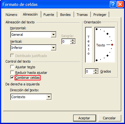 Captura de la opción &ldquo;Combinar celdas&rdquo; del apartado &rdquo;Control del texto&rdquo;