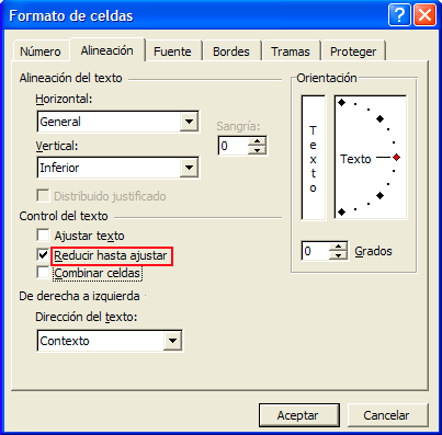 Captura de la opción &ldquo;Reducir hasta ajustar&rdquo; del apartado &rdquo;Control del texto&rdquo;