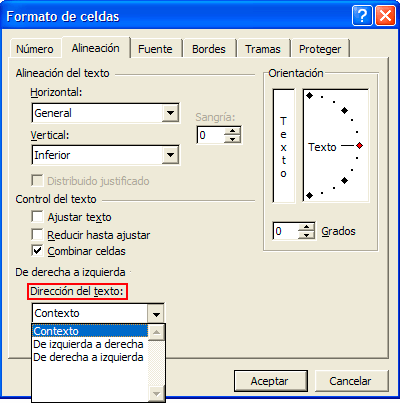 Captura de la opción &ldquo;Dirección del texto&rdquo; del apartado &rdquo;De derecha a izquierda&rdquo;