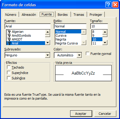 Captura pestaña &ldquo;Fuente&rdquo; de la ventana &rdquo;Formato de celdas&rdquo;