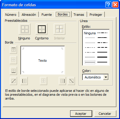 Captura pestaña &ldquo;Bordes&rdquo; de la ventana &rdquo;Formato de celdas&rdquo;