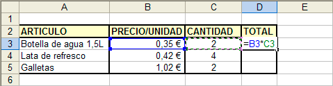 Captura de la celda D3 con la fórmula “=B3*C3”