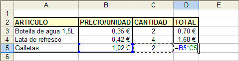 Captura de la celda D5 con la fórmula “=B5*C5”