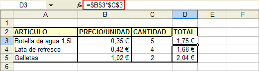 Captura barra de fórmulas con la fórmula “=$B$3*$C$3”