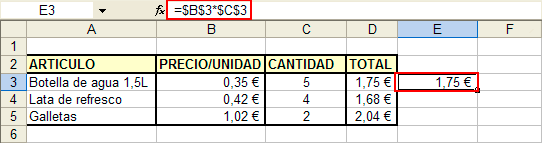 Captura resultat copia de la celda D3 en la celda E3