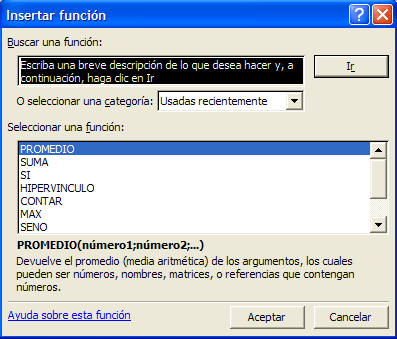 Captura finestra ”Insertar función” Captura finestra ”Insertar función”