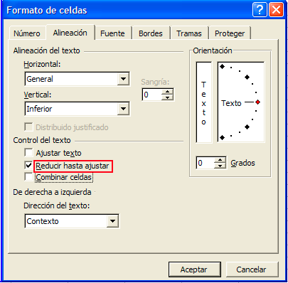 Captura de la opción “Reducir hasta ajustar” de la pestaña ”Alineación” Captura de la opción “Reducir hasta ajustar” de la pestaña ”Alineación”