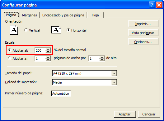 Captura del apartado “Escala” de la pestaña ”Pàgina”