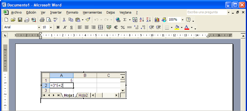 Captura celda A2 con la fórmula &ldquo;=3*5+2&rdquo;