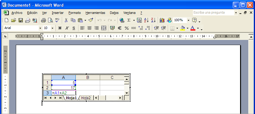 Captura celda A3 con la suma de los valores de las celdas A1 + A2 &ldquo;=A1+A2&rdquo;