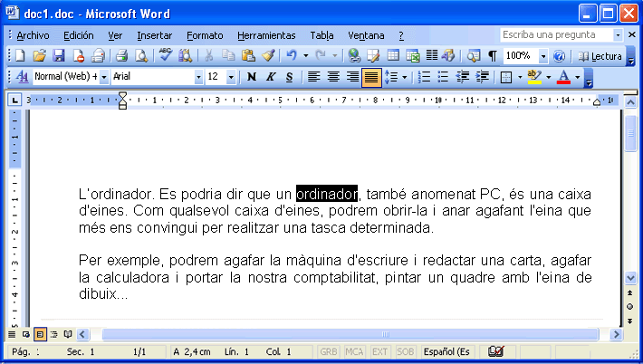 Pantalla amb la paraula seleccionada