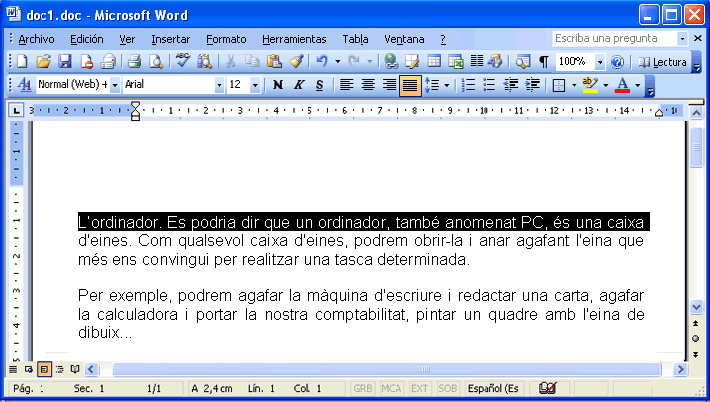 Pantalla amb la frase seleccionada