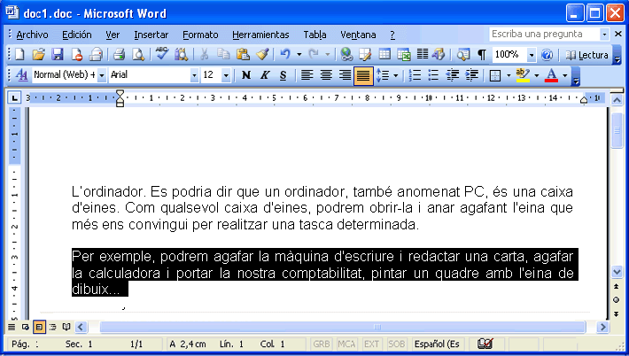 Pantalla amb el Paràgraf seleccionat