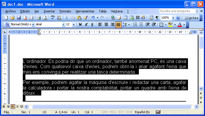 Pantalla amb paràgrefs seleccionats