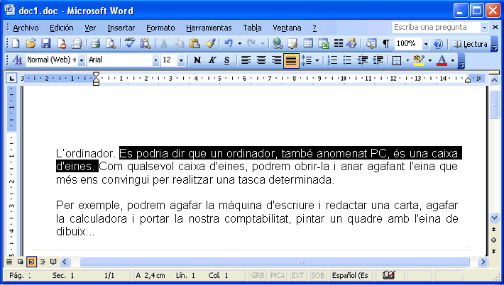 Pantalla amb la frase seleccionada