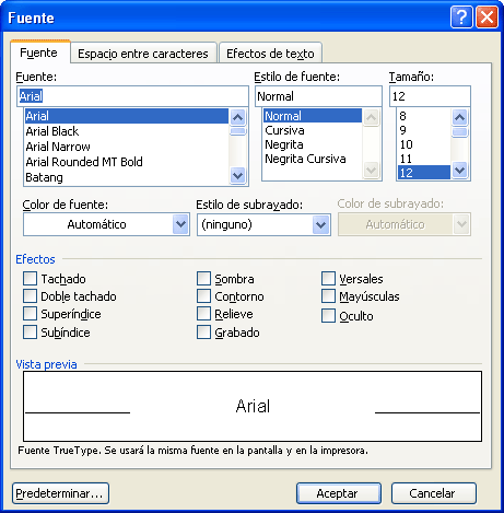 Selecció del format de la font ampliat