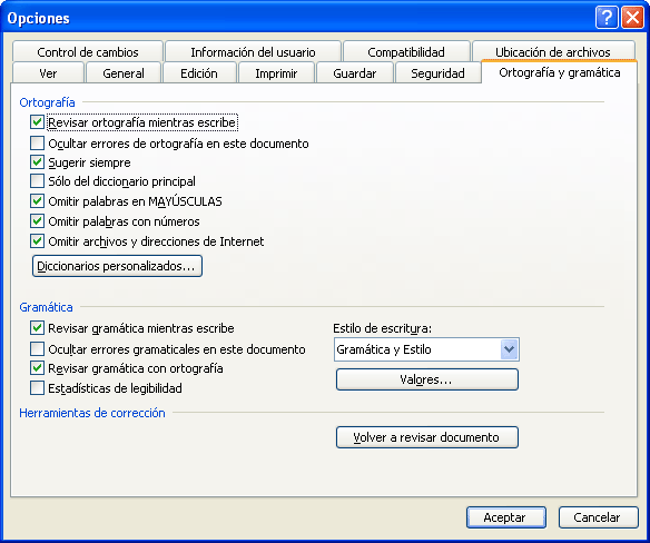 Opcions d’ortografia en detall