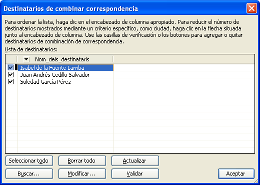 Destinataris per combinar correspondència ordenats