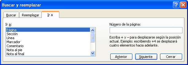 Quadre cercar amb l'opció Ir a seleccionada