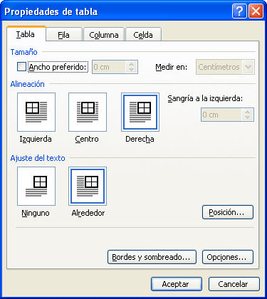 Quadre propietats de la taula seleccionada l'opció taula