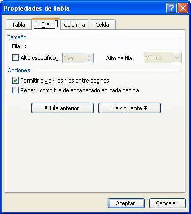 Quadre propietats de la taula seleccionada l'opció fila