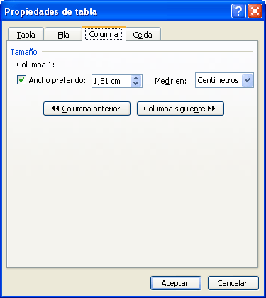 Quadre propietats de la taula seleccionada l'opció columna