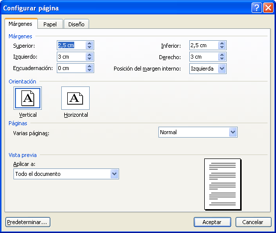 Quadre configurar pàgina seleccionat marges