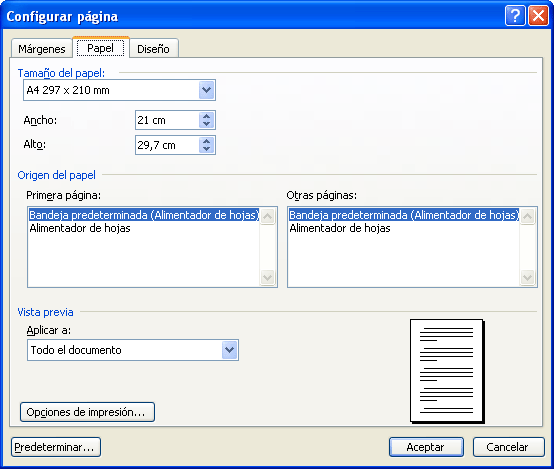 Quadre configurar pàgina seleccionat paper
