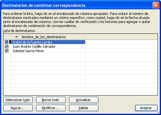 Destinatarios de combinar correspondencia ordenadors