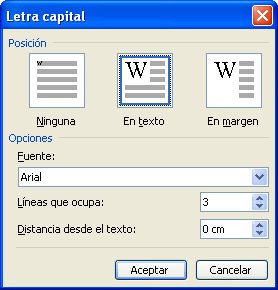 Cuadro letra capital opción 1 seleccionada