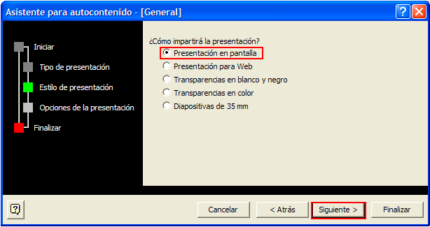 Captura de l'opció Presentación en pantalla de la finestra Asistente para autocontenido