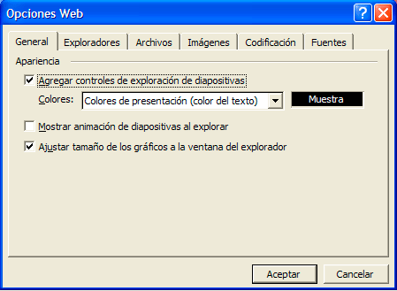 Captura finestra Opciones Web