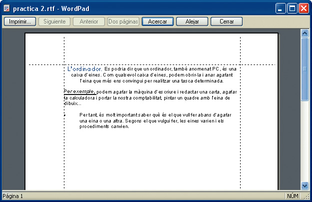 captura de una vista preliminar de un documento de WordPad
