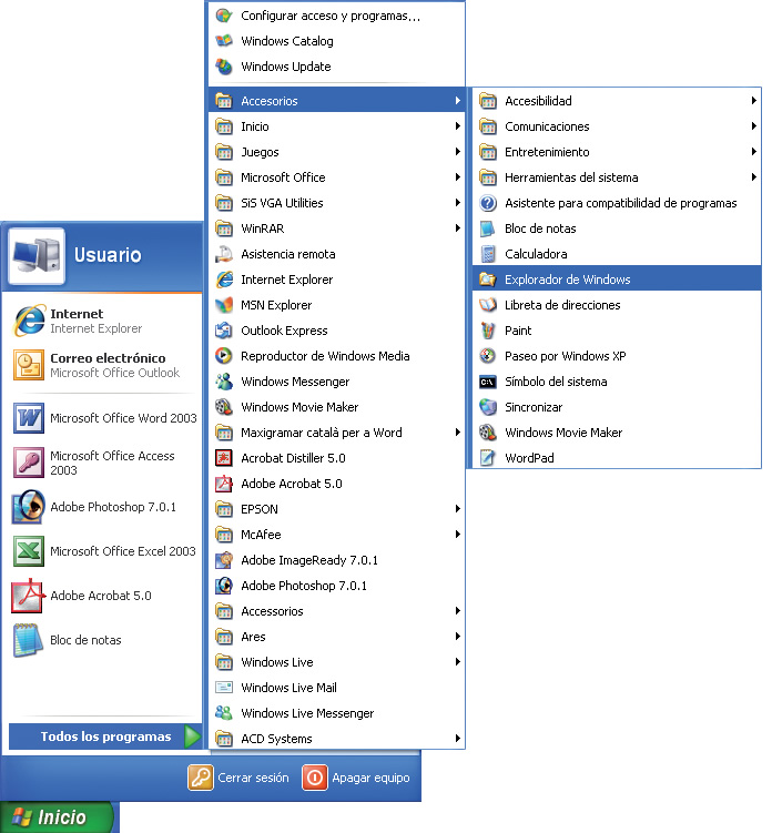 captura del acceso a Explorador de Windows, vía menú Inicio, desde Accesorios, dentro de Todos los programas