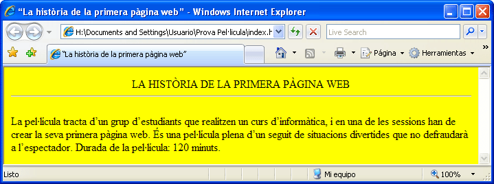 Captura visualització centrar text en Windows Internet Explorer