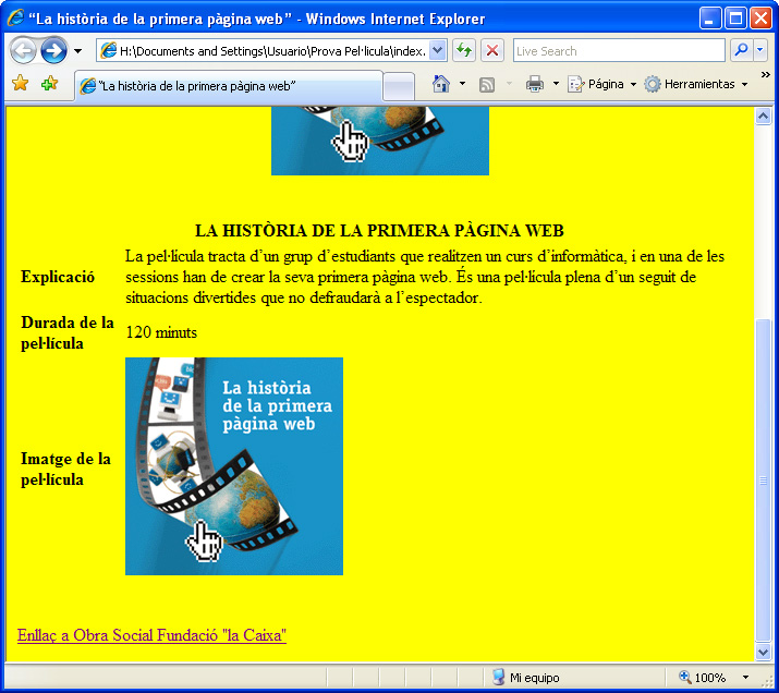Captura visualització enllaç en Windows Internet Explorer