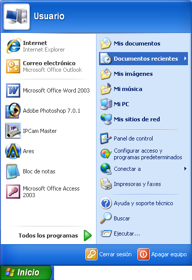 Captura de l'opció Documentos recientes al menú Inicio