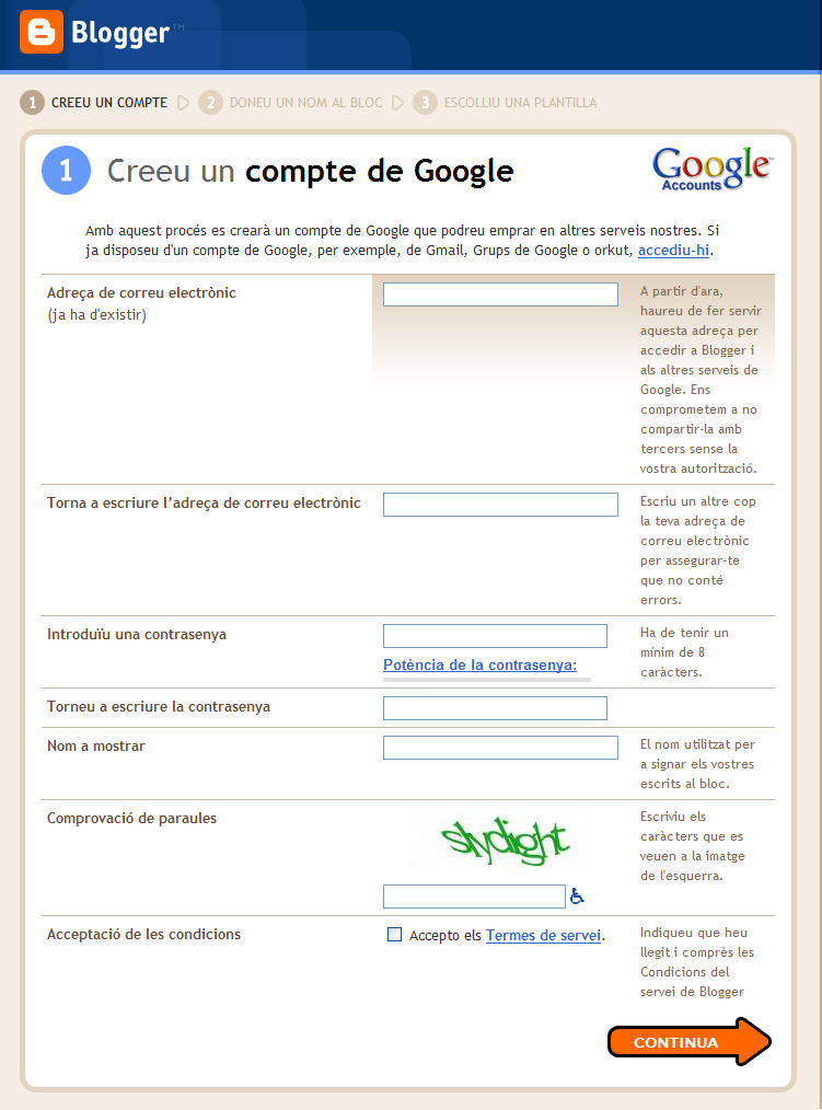 Captura finestra Creeu un compte de Google