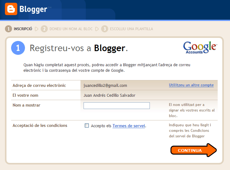 Captura finestra Registreu-vos a Blogger