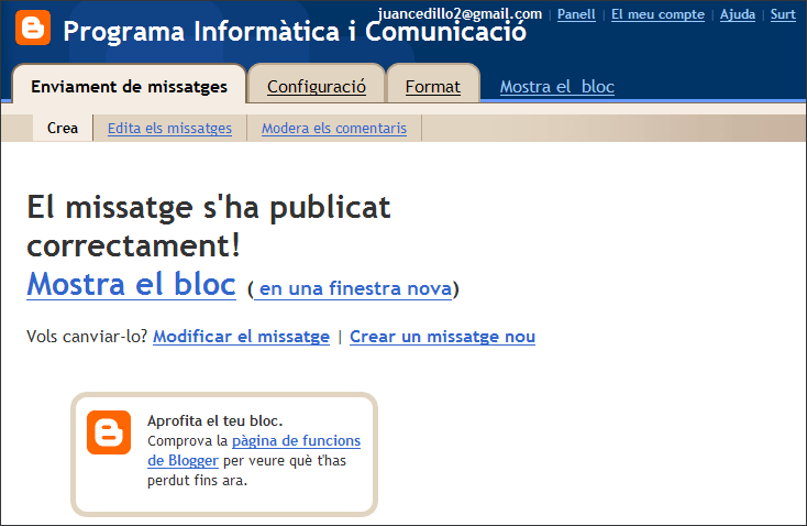 Captura finestra El missatge s'ha publicat correctament