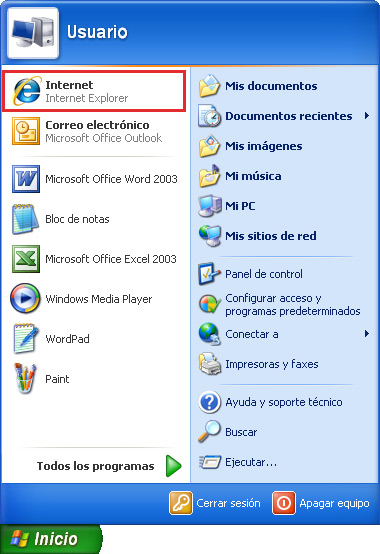 Captura de l'opció Internet explorer al menú Inicio