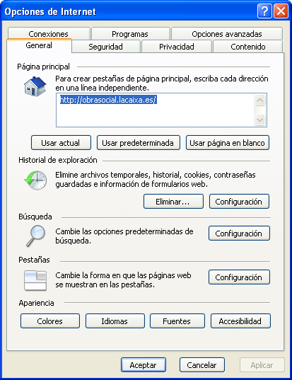Captura finestra Opciones de internet
