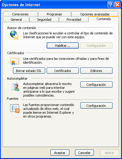 Captura pestanya Contenido de la finestra Opciones de internet
