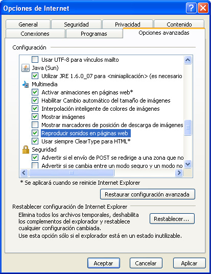 Captura finestra Opciones de internet