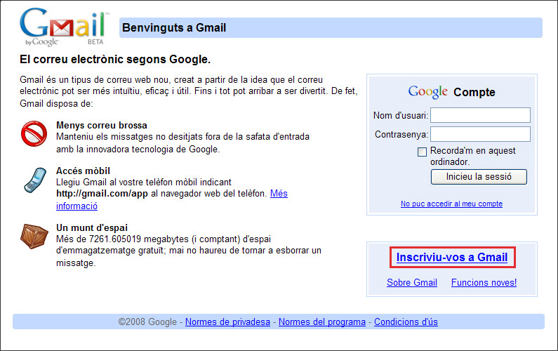 Captura de l'opció inscriviu-vos a Gmail